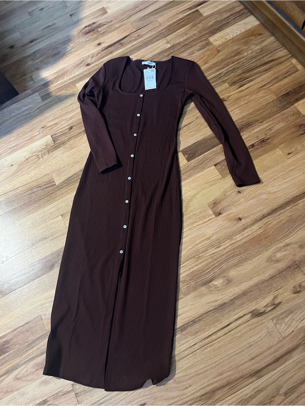 Mango Ribbed Button-Front Midi Dress - Brown